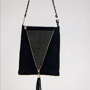 LIONEL Crossbody Black Vegan Leather Woven Chain Rope Studs Zip Tassel NWOT